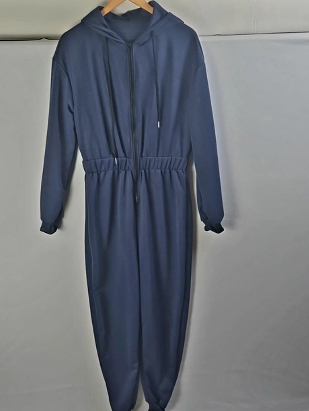 Navy Blue Hooded Zip-Front Jumpsuit Sz M Workout Athleisure Cozy Casual